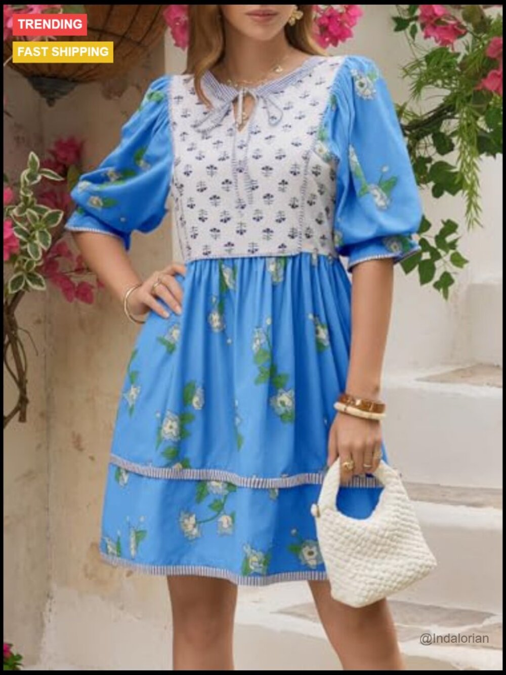 Floral Mini Dress with Puff Sleeves, V-Neck, and Patchwork Detail - Picture 2 of 7